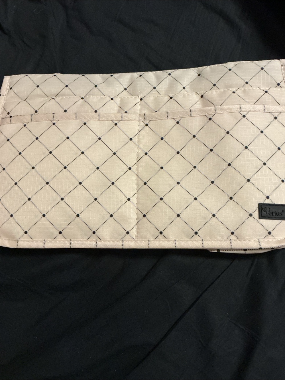Beige Quilted Cosmetic Organizer Pouch with Grid Pattern